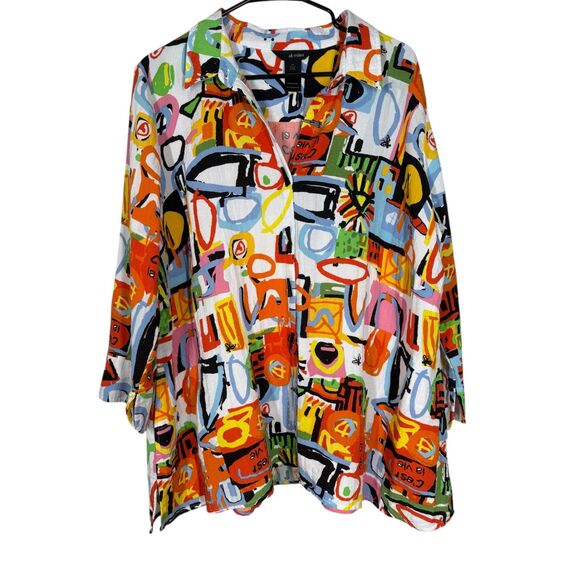 Ali Miles Womens Artsy Button Up Top Sz 1X Art to Wear Boho Oversized Colorful - Picture 1 of 9
